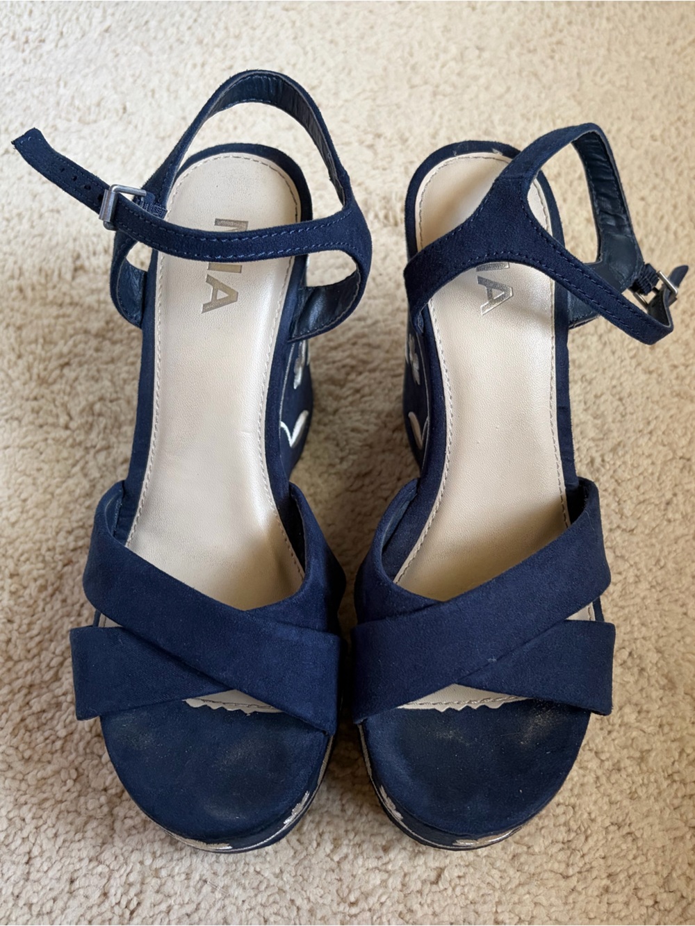 Navy Floral Embroidered Wedge Sandals - Picture 6 of 7